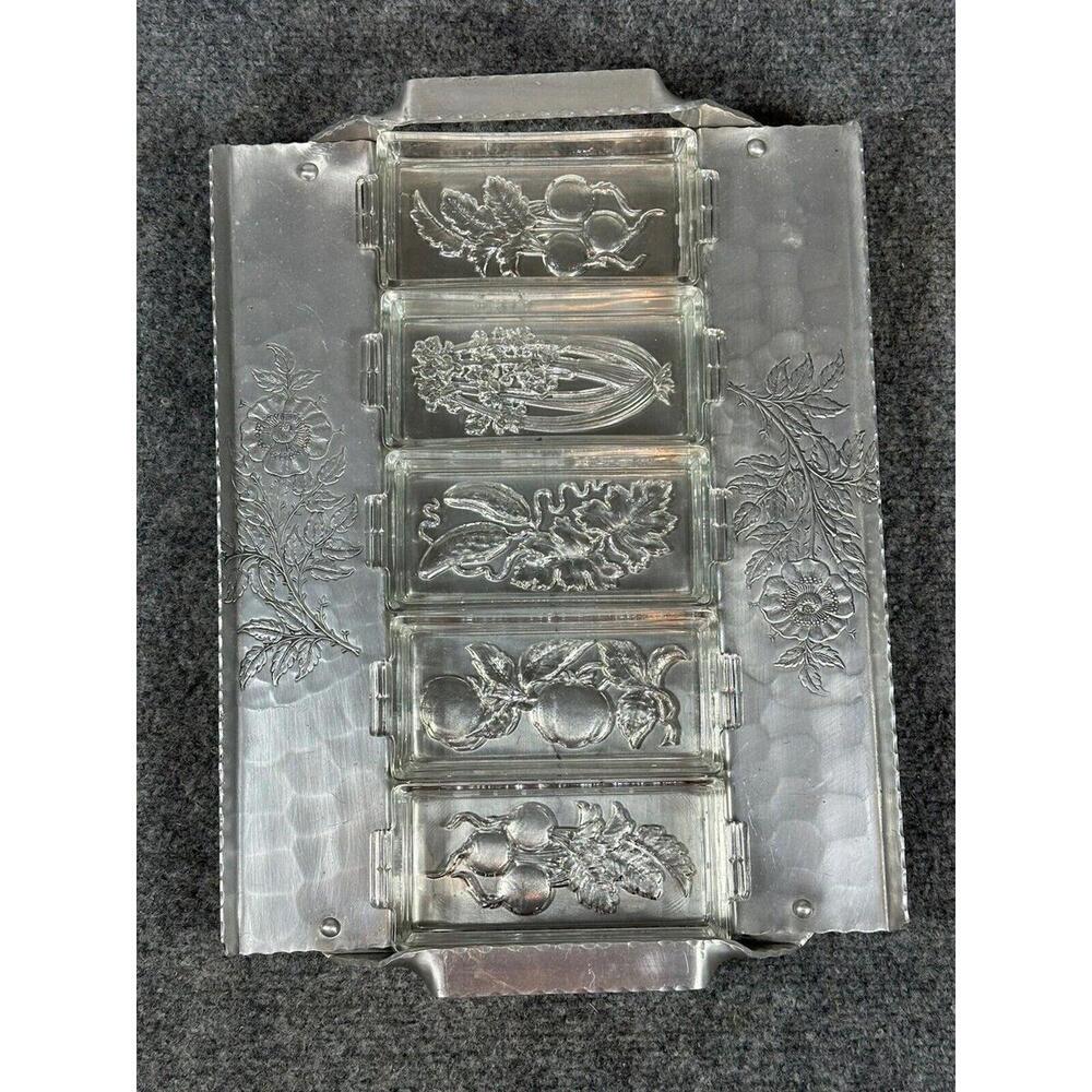 Vintage Hammered Aluminum Tray Federal Silver Co 5 Glass‎ Rectangular Dishes MCM